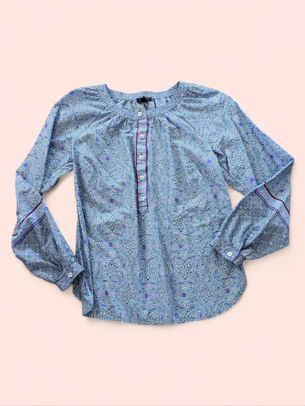 Talbots Stained Glass Medallion Band Collar Popover‎ Blouse Blue/Pink Women's P